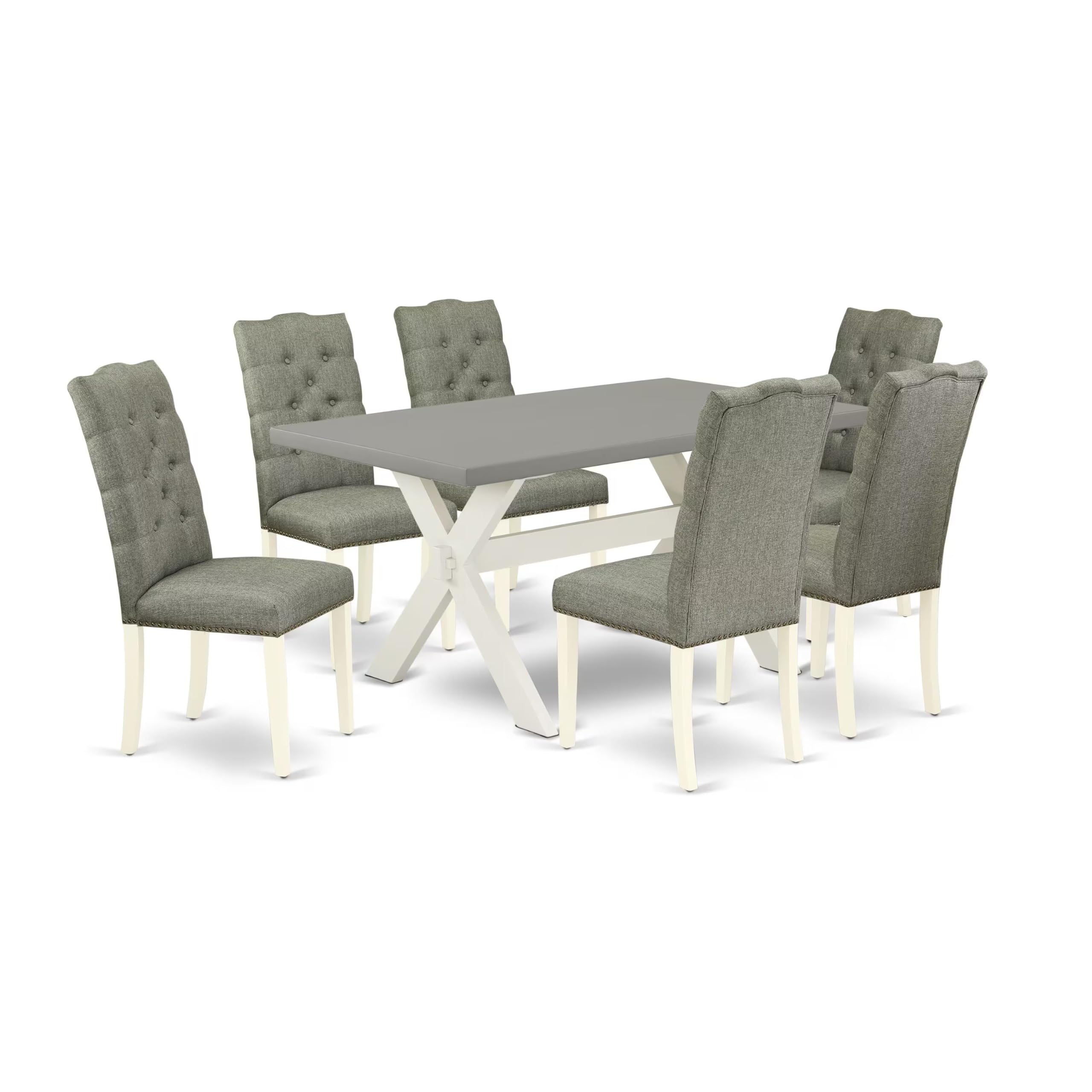 East West Furniture X096El207-7 7 Piece Dining Room Table Set Consist Of A Rectangle Dining Table With X-Legs And 6 Gray Linen Fabric Upholstered Parson Chairs, 36X60 Inch, Multi-Color